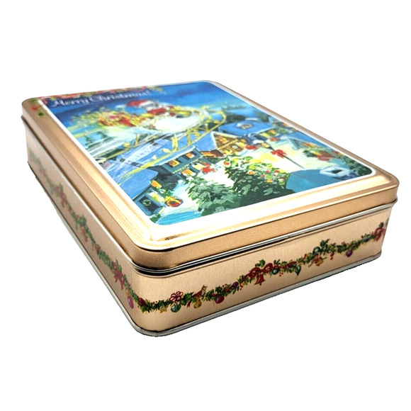 LOT of 3 Festive Christmas Holiday Tins 9x6 Rectangle 6" Square and 6" Round YK - Picture 2 of 9